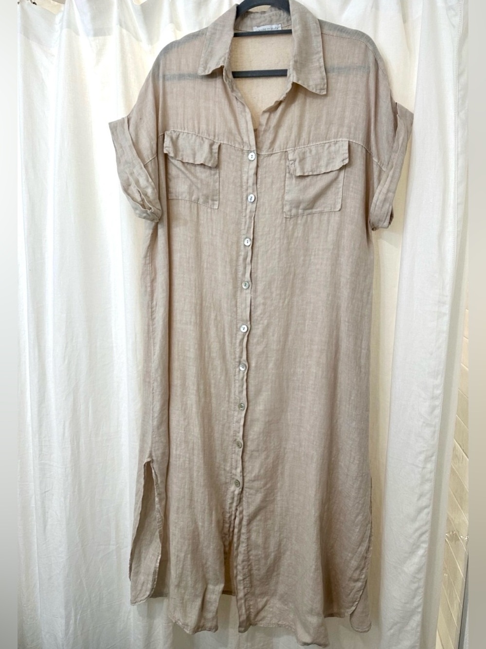 Linen-Blend Button-Front Maxi Dress in Taupe